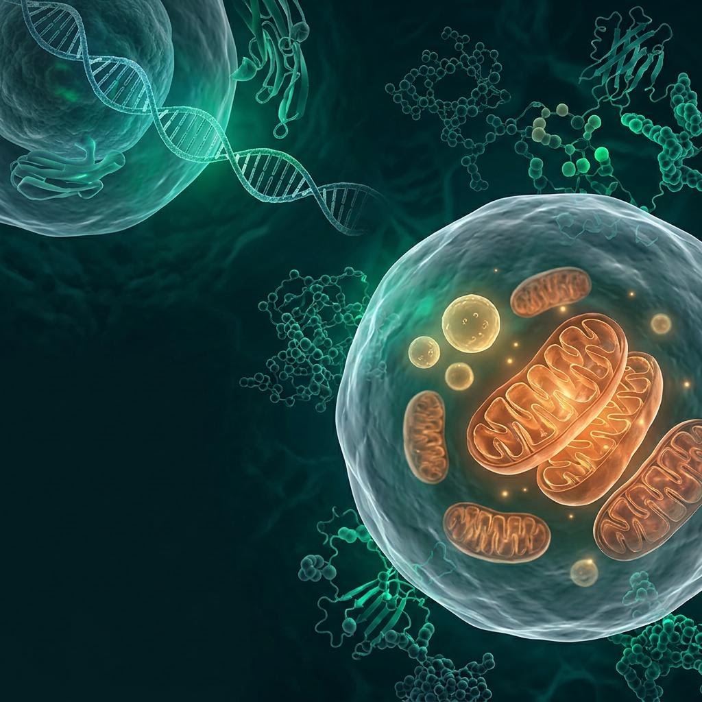 Scientific illustration of a cell, mitochondria, and DNA representing cellular aging research