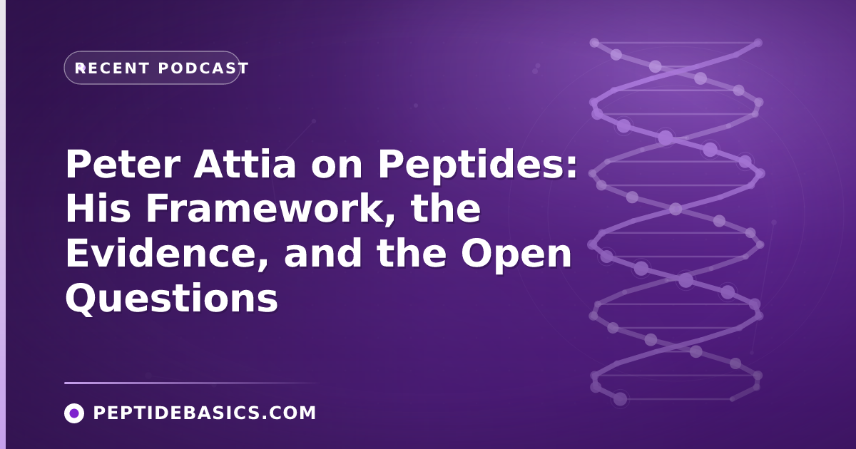 Purple editorial peptide illustration for the Peter Attia episode review